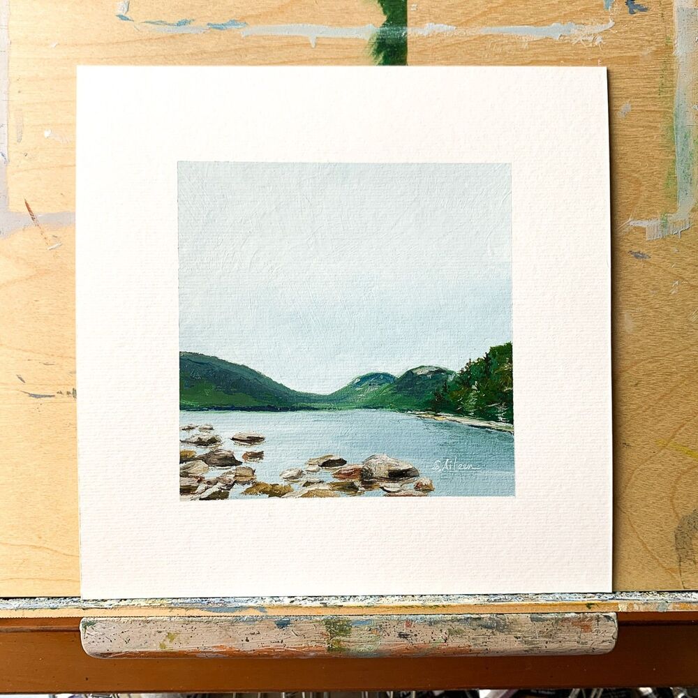 8x8 Maine Original Oil Painting Acadia Landscape Jordan Pond New England Signed - Picture 2 of 8